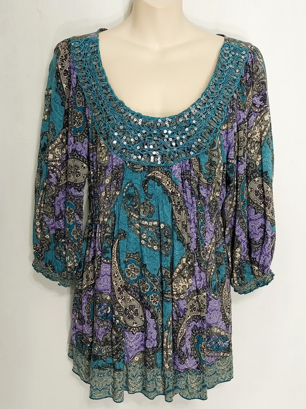 🔵BOGO FREE🔵 Live and Let Live Boho Top Beaded Peasant Paisley Sz S